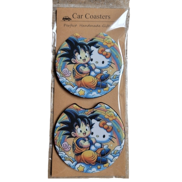 Kitty Cat and Boy Handmade Reuseable Neoprene Set of 2 Car Coasters - Picture 4 of 4